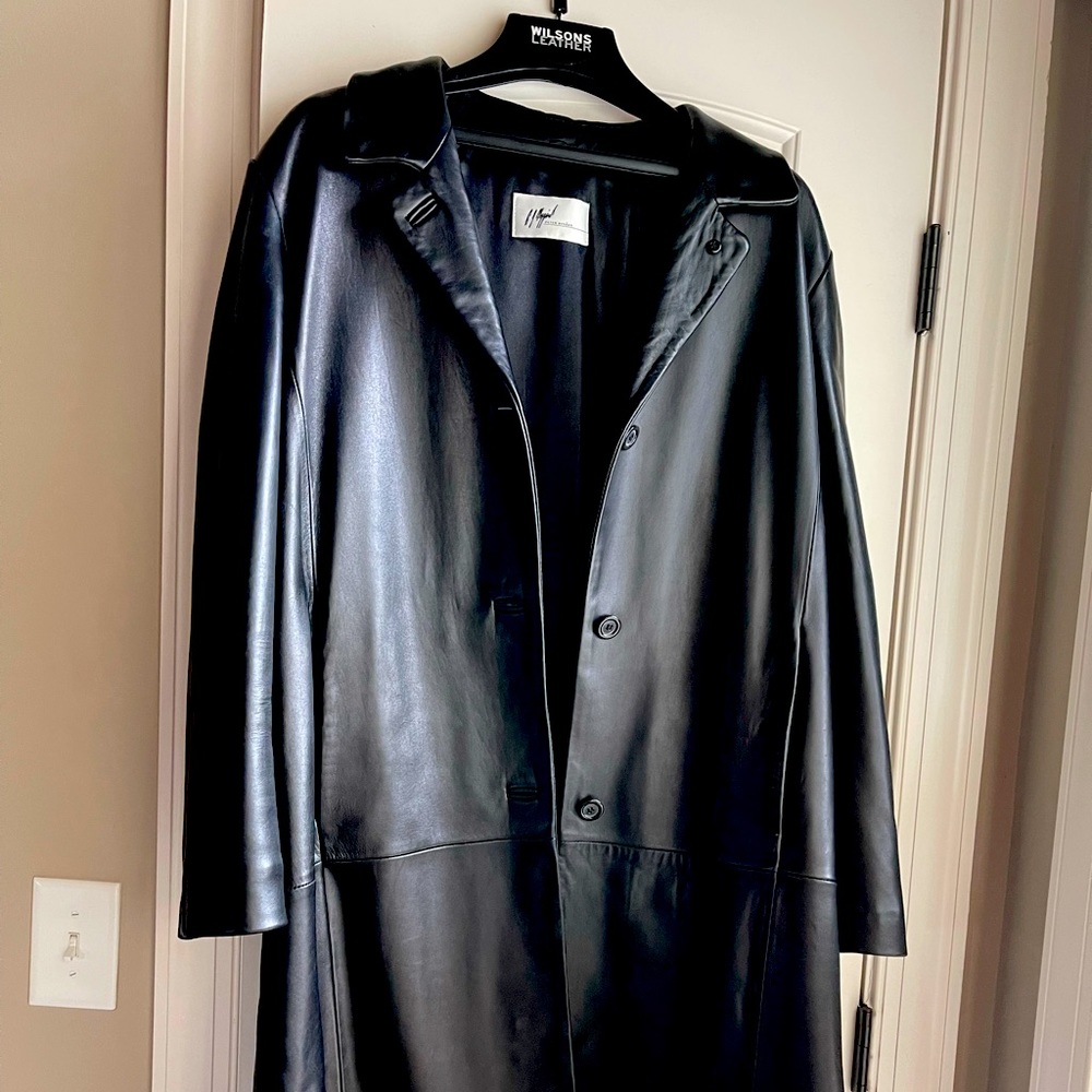 Peter Nygard Black Leather Trench Coat Large